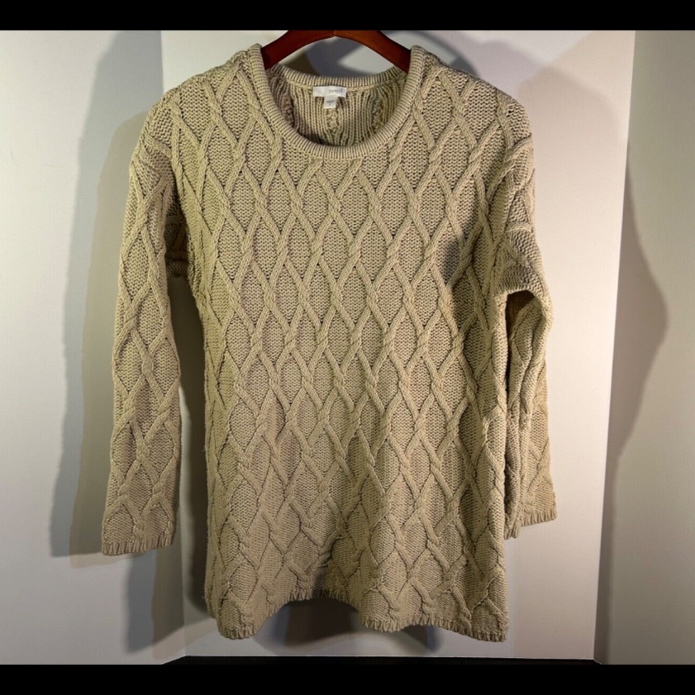 J Jill Pure Jill Cotton Wool Blend Lattice Cable Knit Sweater Beige Size S